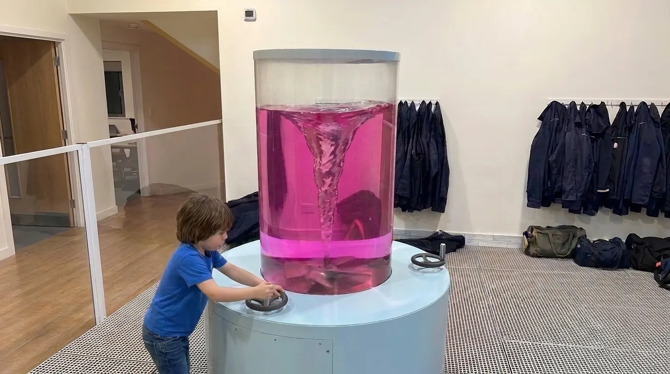 Colored Vortex exhibit with swirling whirlpool in an acrylic tank