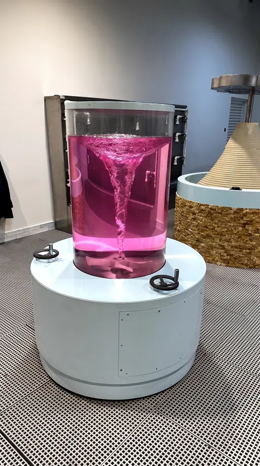 Pink coloured water forming a vortex in the acrylic tank