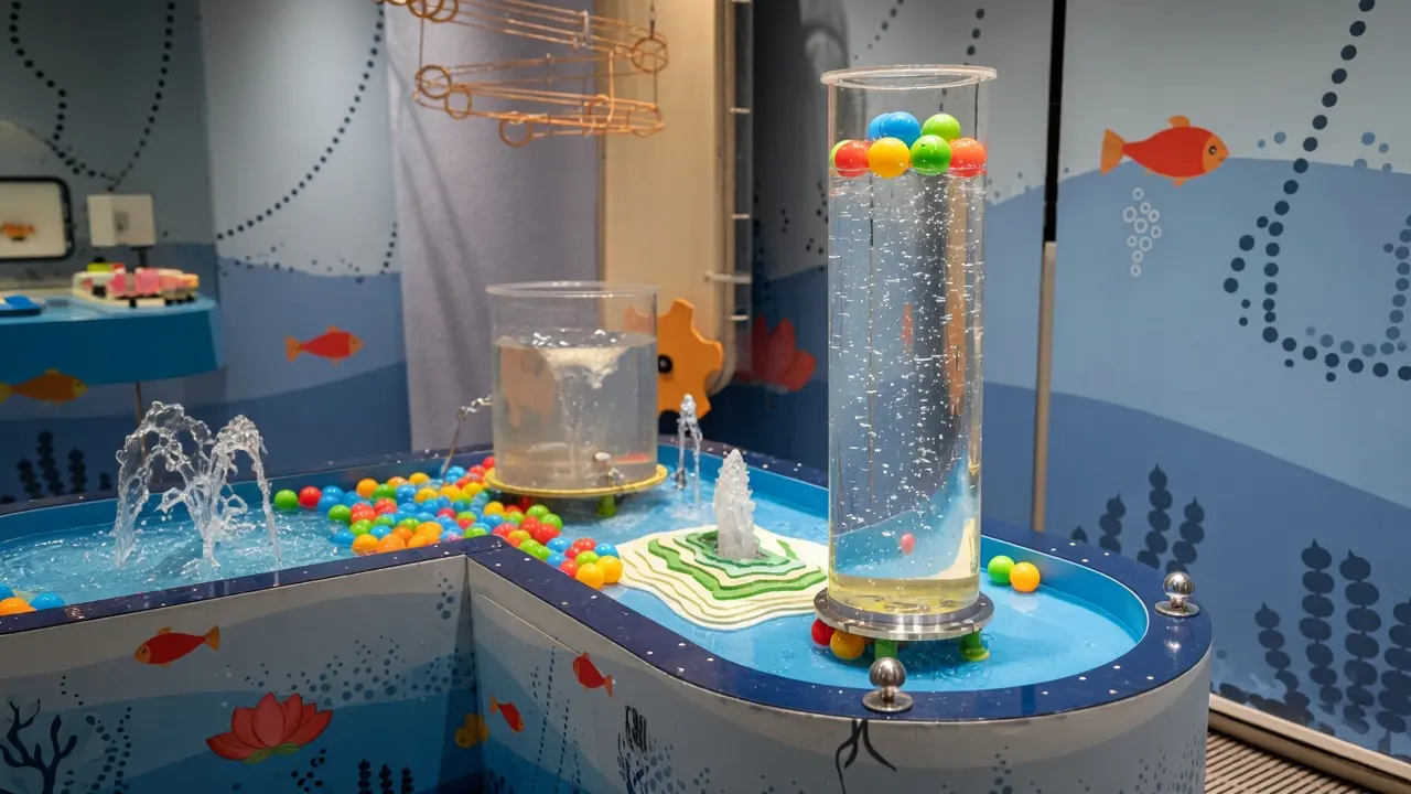 Children playing at a compact water table with ball runs