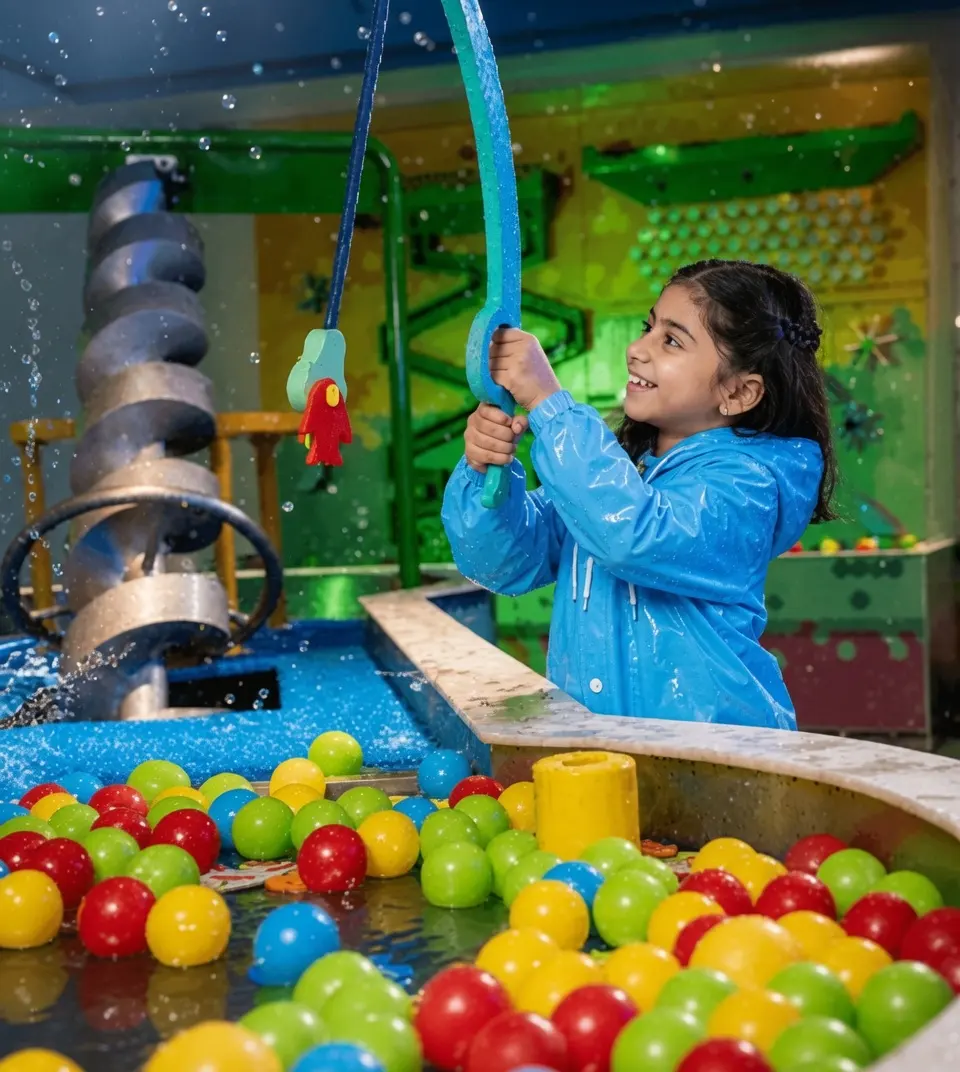 Giant water table with ball runs and Archimedes screws