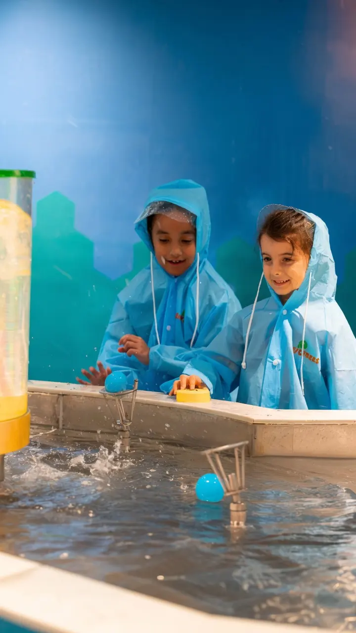 Connected water basins with hands-on stations