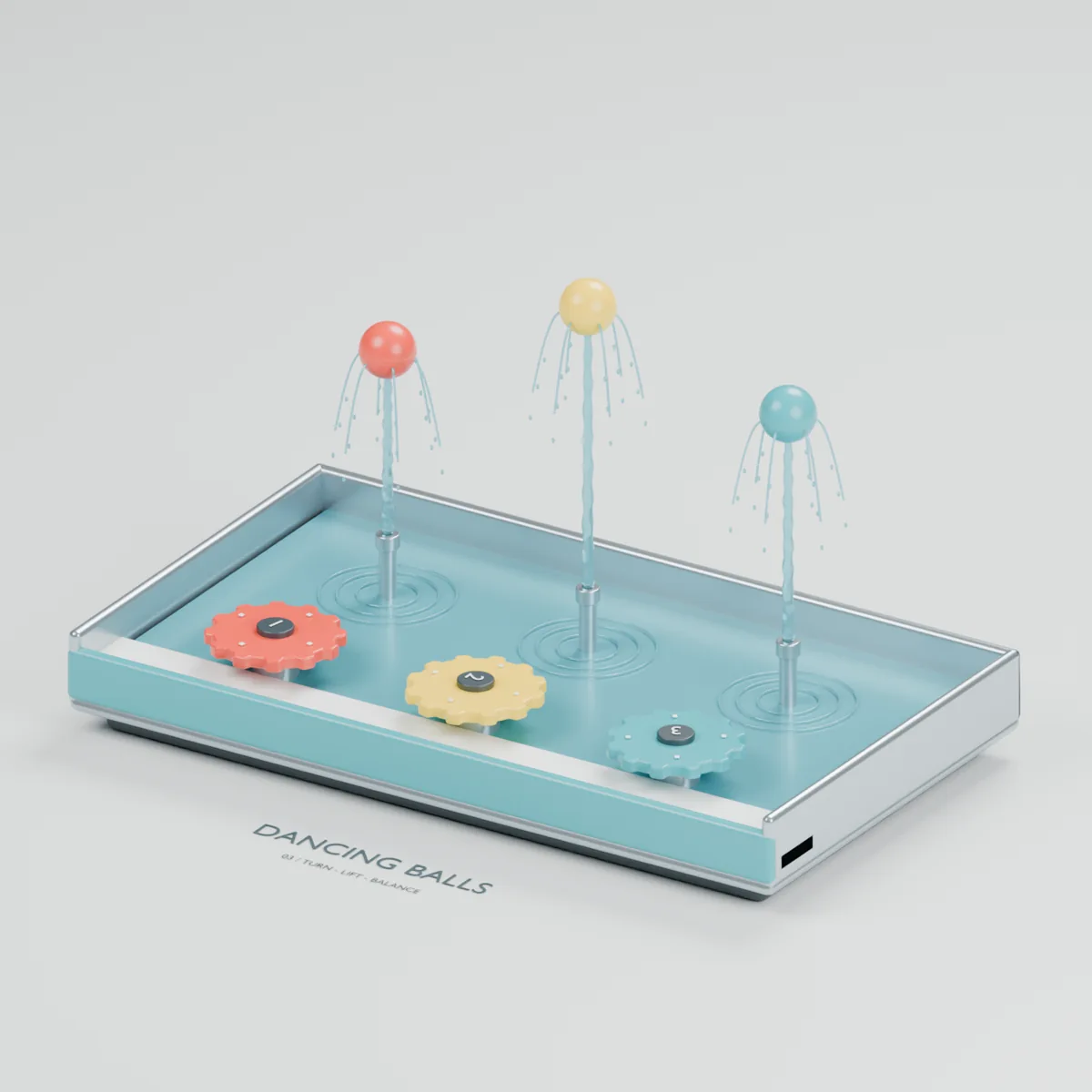 Dancing Balls water table concept showing three stainless jet risers, colourful balls and scalloped control handwheels