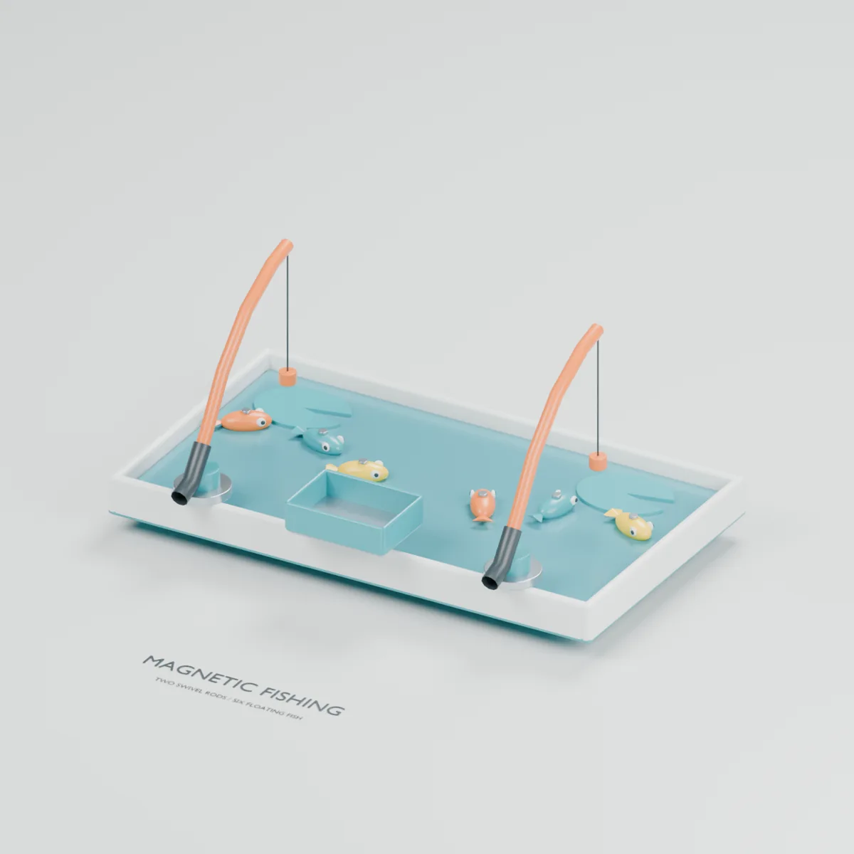 Magnetic Fishing water table concept showing two swivel fishing rods, magnetic lines, six fish, lily pads and a catch tray