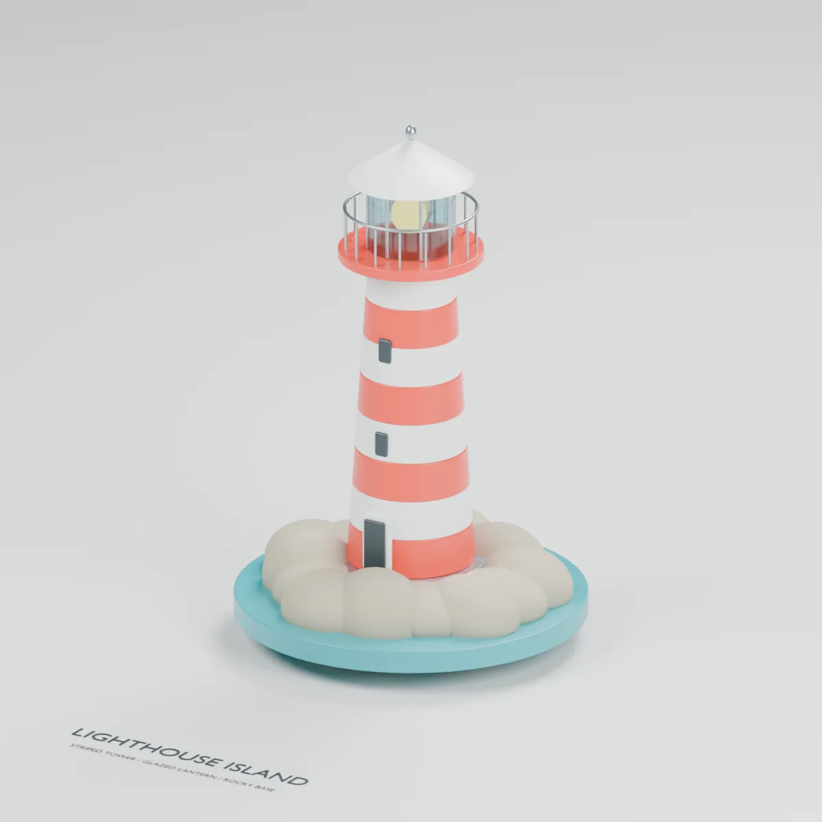 Lighthouse Island water table concept showing a red-and-white tower on a rocky island with glazed lantern, beacon lens and gallery railings