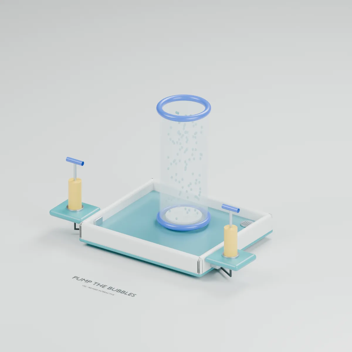 Pump the Bubbles water table concept showing two rim-side air pumps, hoses, a base diffuser and a transparent bubble column