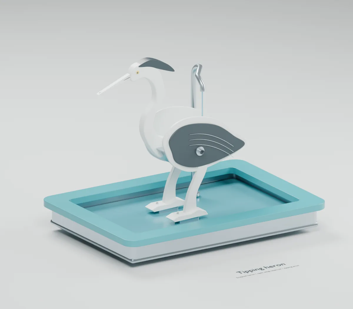 Tipping Heron water table concept showing a pivoting heron with open back trough, beak outlet and weighted tail